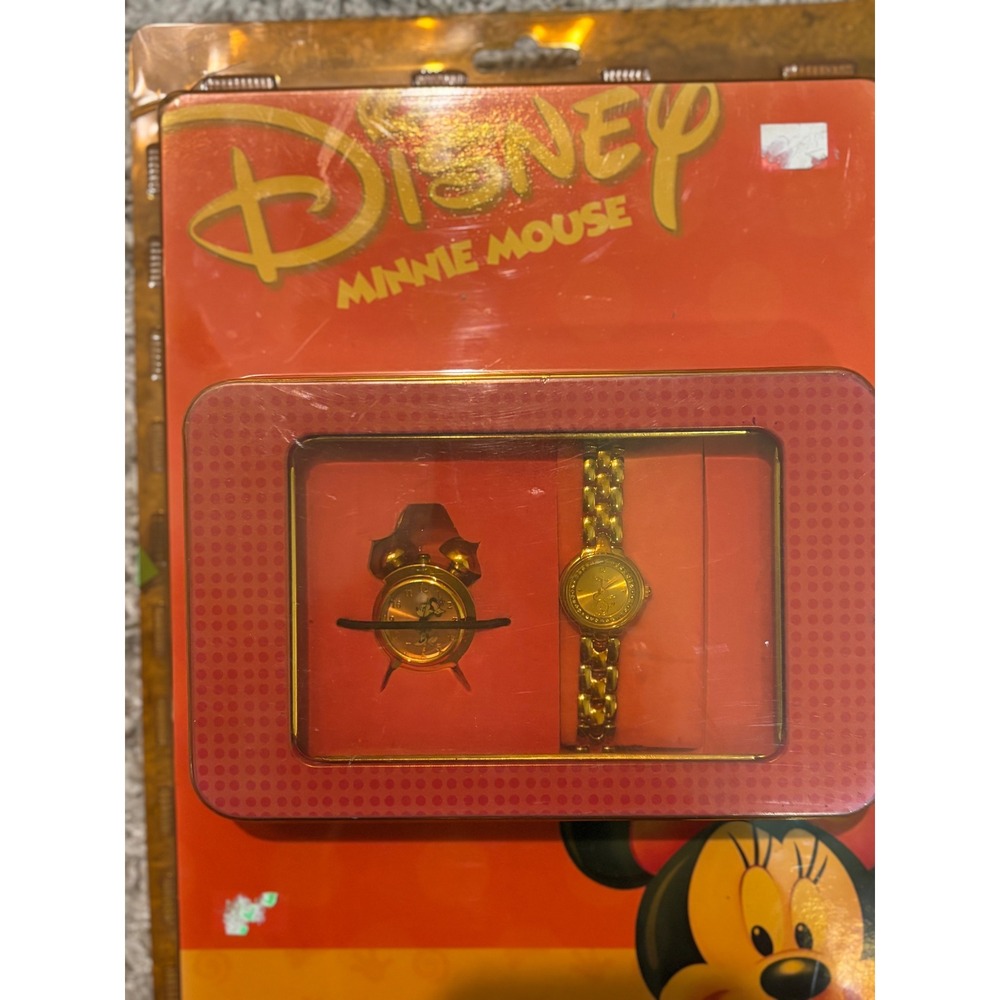 Disney Minnie Mouse Gold Tone Watch and Mini Metal Alarm Clock Gift Set‎ MU0370